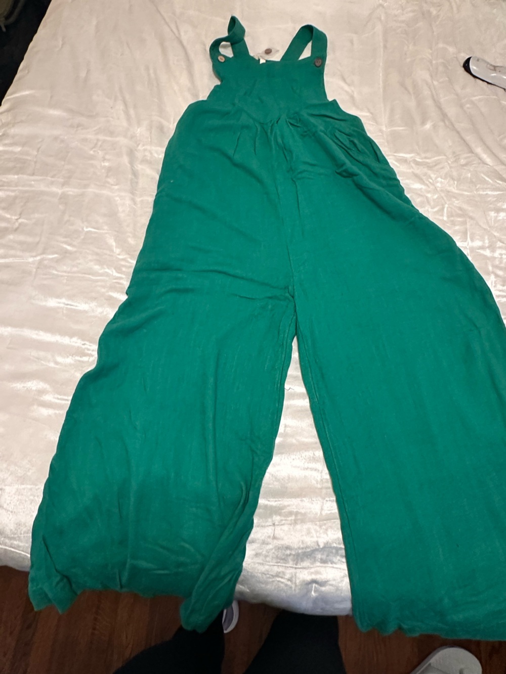 BiBi Emerald Green Wide-Leg Linen-Blend Jumpsuit